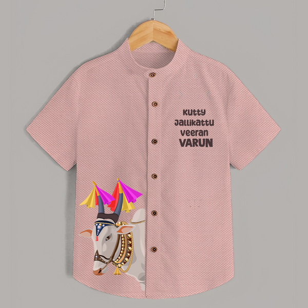 Jallikattu Bull + “Kutty Jallikattu Veeran  | Customized Shirt for Kids - PEACH - 0 - 6 Months Old (Chest 23")