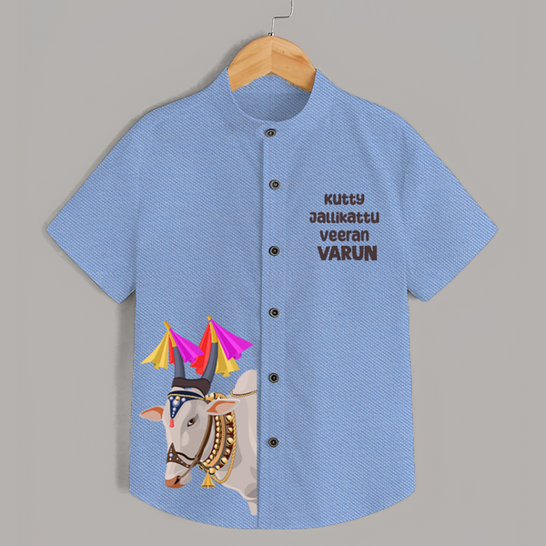 Jallikattu Bull + “Kutty Jallikattu Veeran  | Customized Shirt for Kids - SKY BLUE - 0 - 6 Months Old (Chest 23")