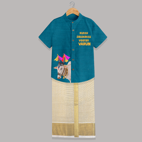 Jallikattu Bull + “Kutty Jallikattu Veeran  | Customized Shirt & Dhoti for Kids - PEACOCK BLUE - 0 - 6 Months Old (Chest-23") (Dhoti length-14")