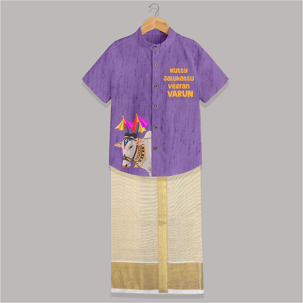 Jallikattu Bull + “Kutty Jallikattu Veeran  | Customized Shirt & Dhoti for Kids - ROYAL PURPLE - 0 - 6 Months Old (Chest-23") (Dhoti length-14")