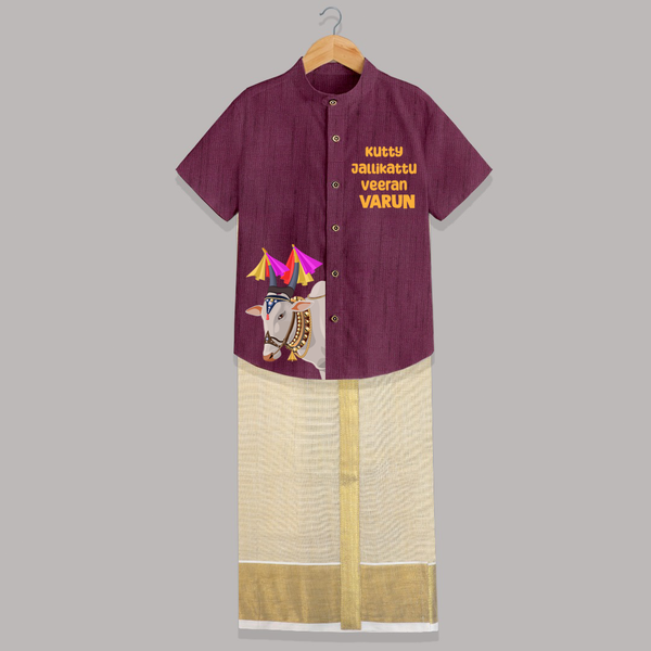 Jallikattu Bull + “Kutty Jallikattu Veeran  | Customized Shirt & Dhoti for Kids - WINE - 0 - 6 Months Old (Chest-23") (Dhoti length-14")