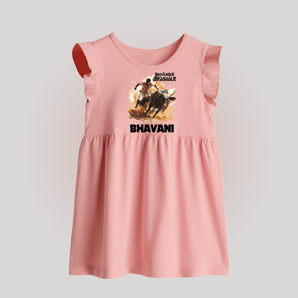 Pongal Special Jallikattu Print | Customized Baby frock  for Kid - BABY PINK - 0 - 3 Months Old (Chest 17")