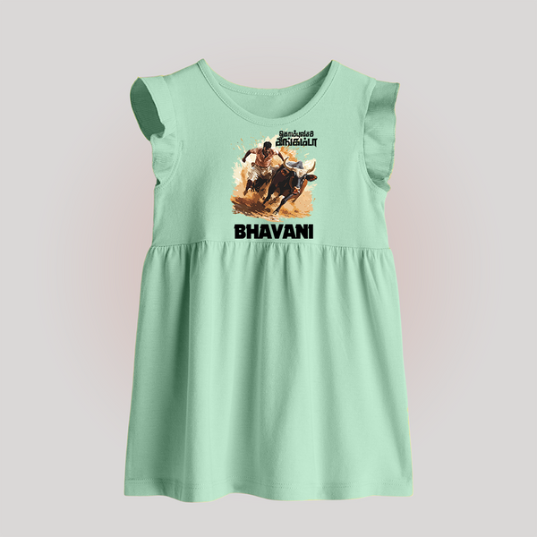 Pongal Special Jallikattu Print | Customized Baby frock  for Kid - MINT GREEN - 0 - 3 Months Old (Chest 17")