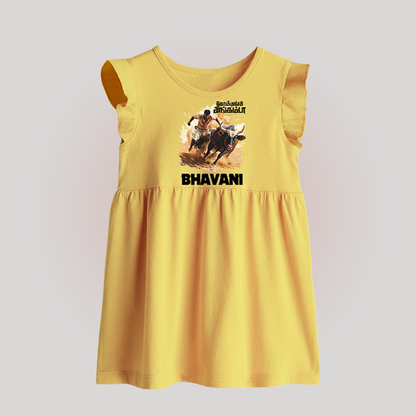 Pongal Special Jallikattu Print | Customized Baby frock  for Kid - PASTEL YELLOW - 0 - 3 Months Old (Chest 17")