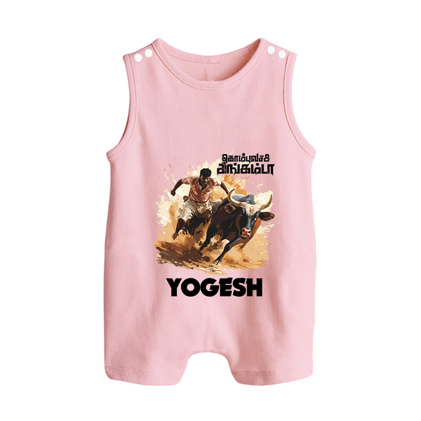 Pongal Special Jallikattu Print | Customized Romper Suit for Kid - BABY PINK - 0 - 5 Months Old (Chest 18")
