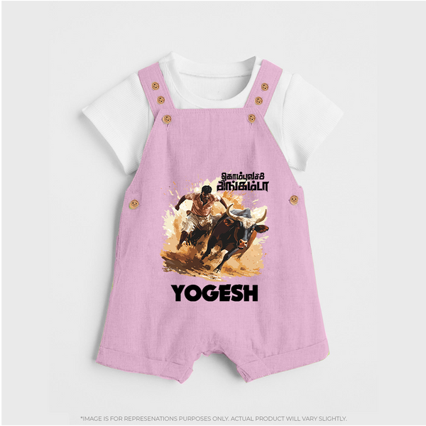 Pongal Special Jallikattu Print | Customized Dungaree for Kid - BABY PINK - 0 - 5 Months Old (Chest 18")