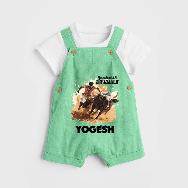 Pongal Special Jallikattu Print | Customized Dungaree for Kid - GREEN - 0 - 5 Months Old (Chest 18")