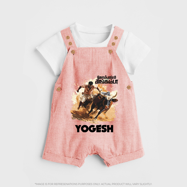 Pongal Special Jallikattu Print | Customized Dungaree for Kid - PEACH - 0 - 5 Months Old (Chest 18")