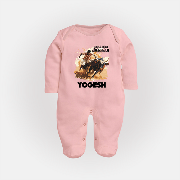 Pongal Special Jallikattu Print | Customized Fullbody Suit for Kid - BABY PINK - New Born (Chest 7.5")