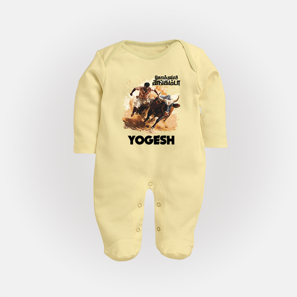 Pongal Special Jallikattu Print | Customized Fullbody Suit for Kid - PASTEL YELLOW - New Born (Chest 7.5")