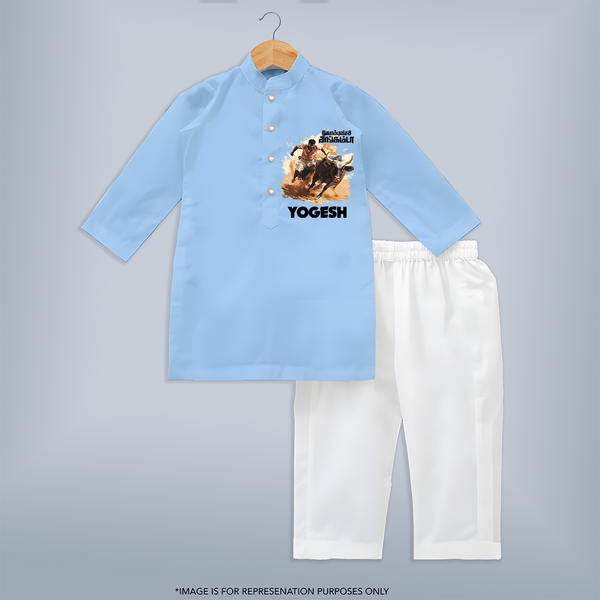 Pongal Special Jallikattu Print | Customized Kurta  for Kid - BABY BLUE - 3 - 6 Months Old (Chest 24", Kurta Length 14'', Waist 19", Pant Length 14")