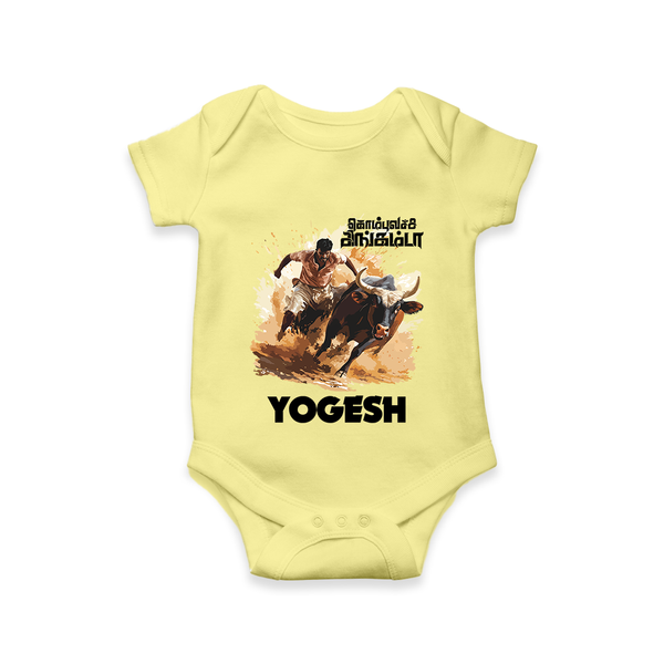Pongal Special Jallikattu Print | Customized Romper for baby - PASTEL YELLOW - New Born (Chest 14")