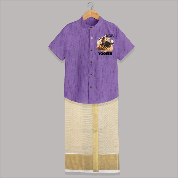 Pongal Special Jallikattu Print | Customized Shirt & Dhoti for Kid - ROYAL PURPLE - 0 - 6 Months Old (Chest-23") (Dhoti length-14")