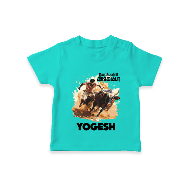 Pongal Special Jallikattu Print | Customized T-Shirt for Kid - TEAL - 0-5 Months Old (Chest 17")
