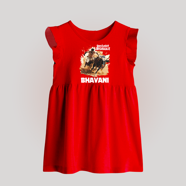 Pongal Special Jallikattu Print | Customized Baby frock  for Kid - RED - 0 - 3 Months Old (Chest 17")