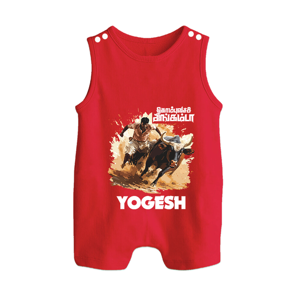 Pongal Special Jallikattu Print | Customized Romper Suit for Kid - RED - 0 - 5 Months Old (Chest 18")