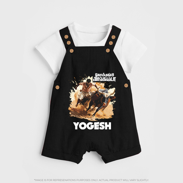 Pongal Special Jallikattu Print | Customized Dungaree for Kid - BLACK - 0 - 5 Months Old (Chest 18")