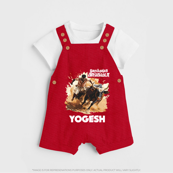 Pongal Special Jallikattu Print | Customized Dungaree for Kid - RED - 0 - 5 Months Old (Chest 18")