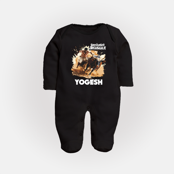 Pongal Special Jallikattu Print | Customized Fullbody Suit for Kid - BLACK - New Born (Chest 7.5")
