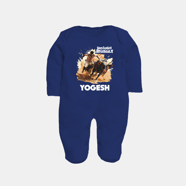 Pongal Special Jallikattu Print | Customized Fullbody Suit for Kid - NAVY BLUE - New Born (Chest 7.5")