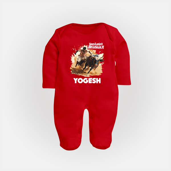 Pongal Special Jallikattu Print | Customized Fullbody Suit for Kid - RED - New Born (Chest 7.5")