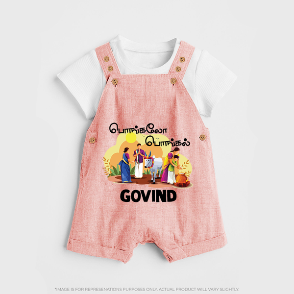 Tamil Pongal Cultural Print in tamil | Customized Dungaree for Kid - PEACH - 0 - 5 Months Old (Chest 18")