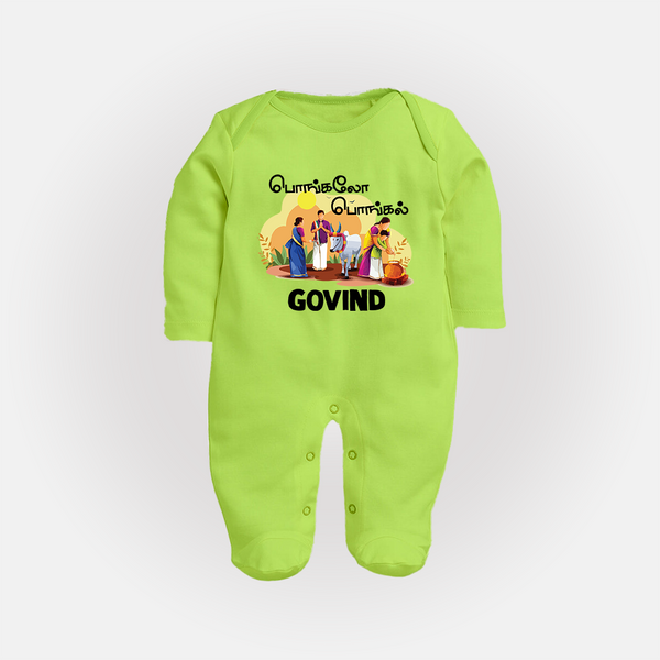 Tamil Pongal Cultural Print in tamil | Customized Fullbody Suit for Kid - LIME GREEN - New Born (Chest 7.5")