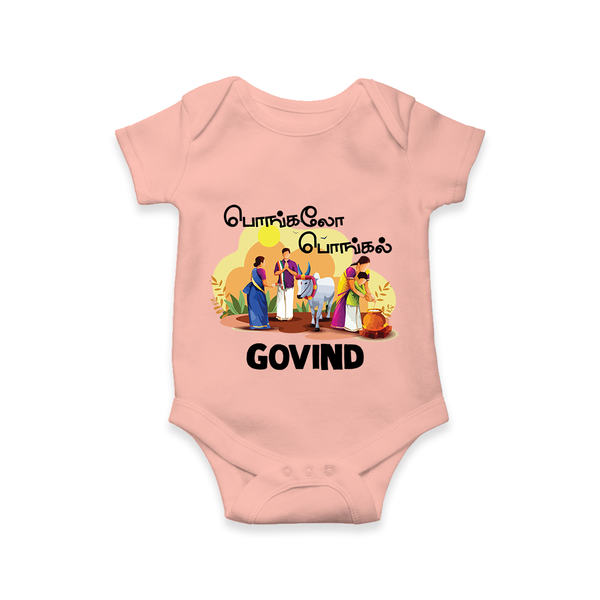 Tamil Pongal Cultural Print in tamil | Customized Romper for baby - PEACH - New Born (Chest 14")