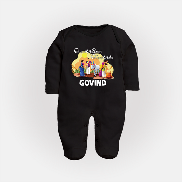 Tamil Pongal Cultural Print in tamil | Customized Fullbody Suit for Kid - BLACK - New Born (Chest 7.5")