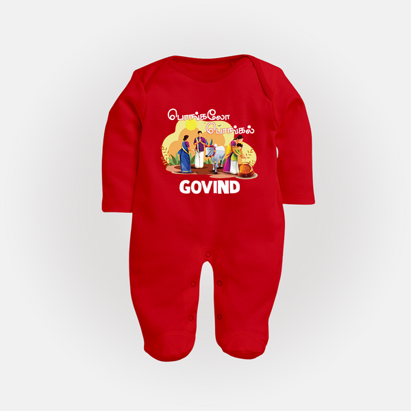 Tamil Pongal Cultural Print in tamil | Customized Fullbody Suit for Kid - RED - New Born (Chest 7.5")