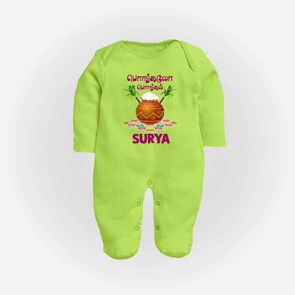Pongalo Pongal in tamil | Personalized Kids Fullbody Suit  - LIME GREEN - New Born (Chest 7.5")