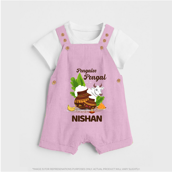 Pongalo Pongal with Cow & Sugarcane | Customized Dungaree for Kid - BABY PINK - 0 - 5 Months Old (Chest 18")