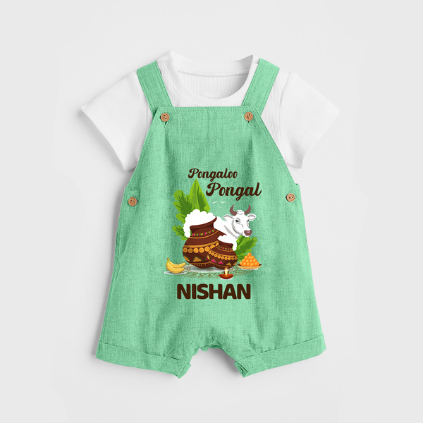 Pongalo Pongal with Cow & Sugarcane | Customized Dungaree for Kid - GREEN - 0 - 5 Months Old (Chest 18")