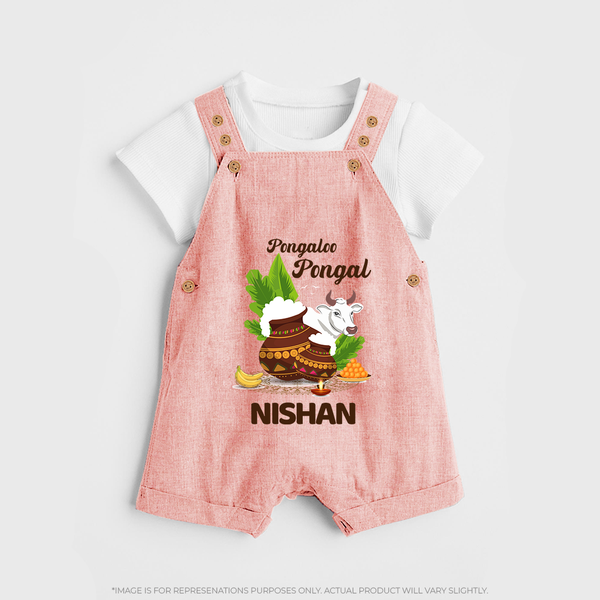 Pongalo Pongal with Cow & Sugarcane | Customized Dungaree for Kid - PEACH - 0 - 5 Months Old (Chest 18")