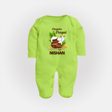Pongalo Pongal with Cow & Sugarcane | Customized Fullbody Suit for Kid - LIME GREEN - New Born (Chest 7.5")