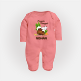 Pongalo Pongal with Cow & Sugarcane | Customized Fullbody Suit for Kid - PEACH - New Born (Chest 7.5")