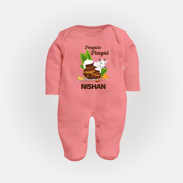 Pongalo Pongal with Cow & Sugarcane | Customized Fullbody Suit for Kid - PEACH - New Born (Chest 7.5")