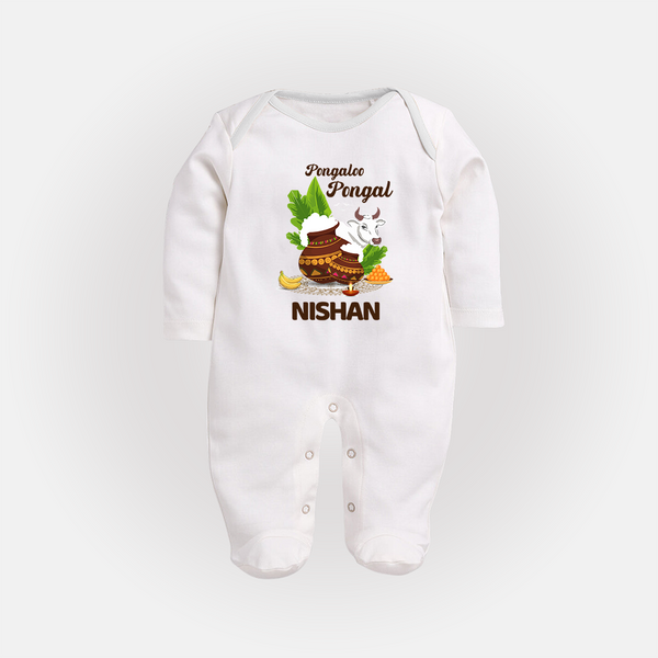 Pongalo Pongal with Cow & Sugarcane | Customized Fullbody Suit for Kid - WHITE - New Born (Chest 7.5")
