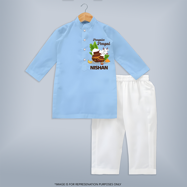 Pongalo Pongal with Cow & Sugarcane | Customized Kurta  for Kid - BABY BLUE - 3 - 6 Months Old (Chest 24", Kurta Length 14'', Waist 19", Pant Length 14")