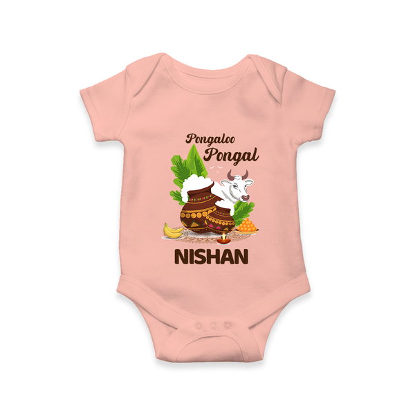 Pongalo Pongal with Cow & Sugarcane | Customized Romper for baby - PEACH - New Born (Chest 14")