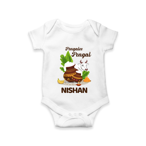 Pongalo Pongal with Cow & Sugarcane | Customized Romper for baby - WHITE - New Born (Chest 14")