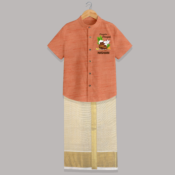 Pongalo Pongal with Cow & Sugarcane | Customized Shirt & Dhoti for Kid - ORANGE - 0 - 6 Months Old (Chest-23") (Dhoti length-14")