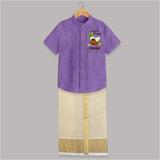 Pongalo Pongal with Cow & Sugarcane | Customized Shirt & Dhoti for Kid - ROYAL PURPLE - 0 - 6 Months Old (Chest-23") (Dhoti length-14")