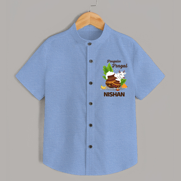Pongalo Pongal with Cow & Sugarcane | Customized Shirt for Kid - SKY BLUE - 0 - 6 Months Old (Chest 23")