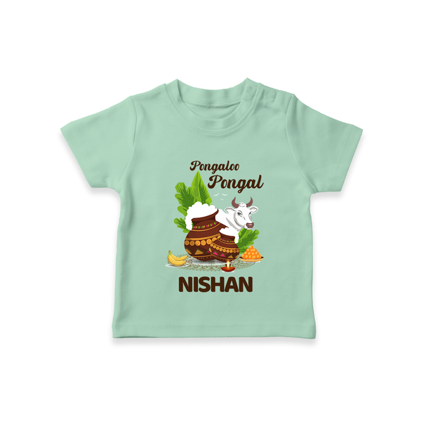 Pongalo Pongal with Cow & Sugarcane | Customized T-Shirt for Kid - MINT GREEN - 0-5 Months Old (Chest 17")