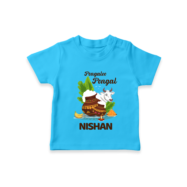 Pongalo Pongal with Cow & Sugarcane | Customized T-Shirt for Kid - SKY BLUE - 0-5 Months Old (Chest 17")