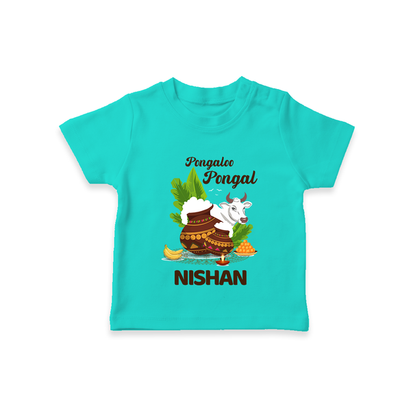 Pongalo Pongal with Cow & Sugarcane | Customized T-Shirt for Kid - TEAL - 0-5 Months Old (Chest 17")