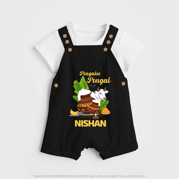 Pongalo Pongal with Cow & Sugarcane | Customized Dungaree for Kid - BLACK - 0 - 5 Months Old (Chest 18")