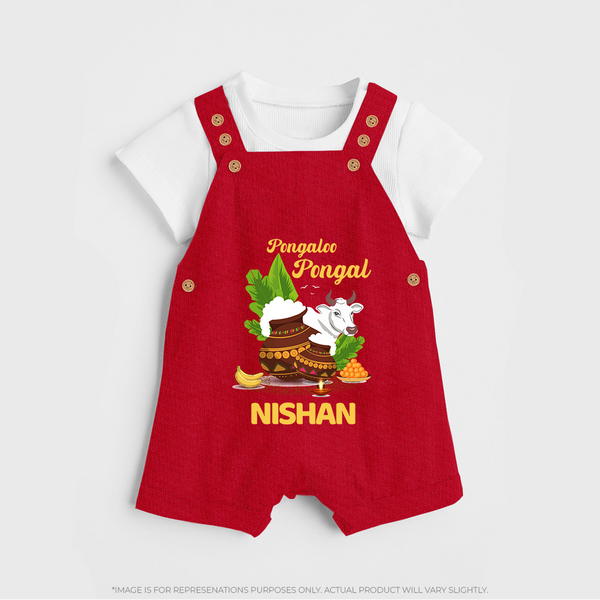 Pongalo Pongal with Cow & Sugarcane | Customized Dungaree for Kid - RED - 0 - 5 Months Old (Chest 18")
