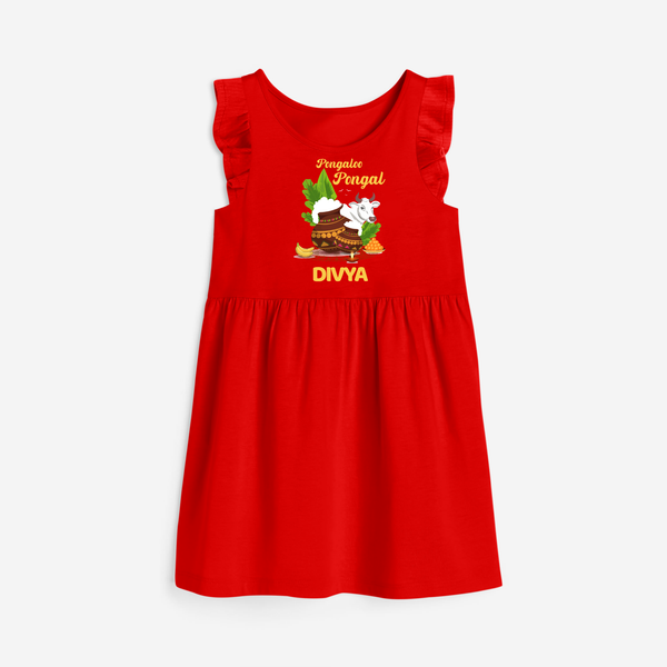 Pongalo Pongal with Cow & Sugarcane | Customized  frock  for Kid - RED - 1 - 2 Years Old (Chest 22" , Full Length 22")